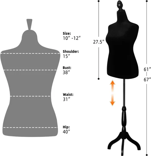 Miniatura 3 de Torso de maniquí femenino con soporte, talla grande 10-12 vestido de maniquí femenino forma 61-67 pulgadas altura ajustable, soporte de trípode
