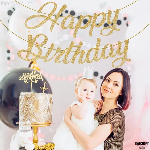 Miniatura 4 de KatchOn, Cartel de feliz cumpleaños cursivo dorado con purpurina – pre-encordado, 10 pies Decoraciones de cumpleaños para mujeres, hombres y niñas