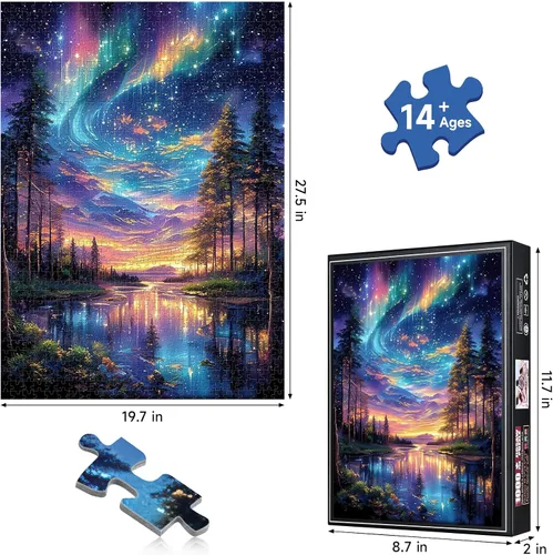 Miniatura 2 de Rompecabezas de 1000 piezas para adultos – "Bosque de Aurora Cósmica" rompecabezas psicodélico de arte de cielo nocturno, paisaje de aurora boreal