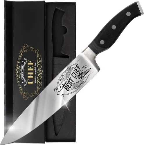 Cuchillo de chef de alta calidad para regalo, grabado Best Chef, cuchillo de cocina de acero al carbono de 8 pulgadas con mango de madera de Pakka,