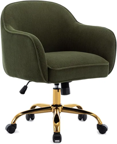Silla de Escritorio para Oficina en Casa con Brazos Ruedas Doradas Silla de Computadora Rodante Tapizada en Terciopelo Moderno de Respaldo Medio