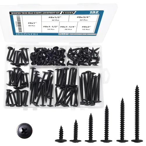 JEGONFRI #8 Kit de surtido de tornillos de cabeza de cercha modificados negros, 132 piezas, Phillips Drive, tornillos de madera, tornillos, surtido
