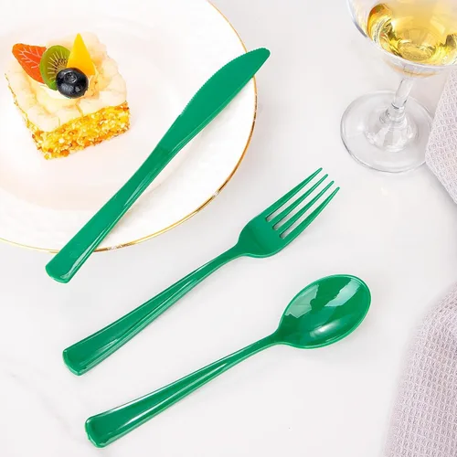 Miniatura 2 de WDF 160 cubiertos de plástico verde, cubiertos resistentes que incluyen 80 tenedores, 40 cucharas, 40 cuchillos, utensilios de plástico verde