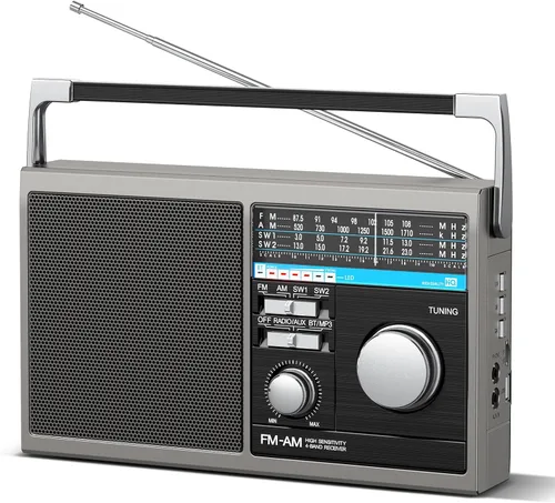 Radio AM FM portátil, radio transistor de onda corta con la mejor recepción, funciona con pilas o alimentación de CA retro con altavoz Bluetooth