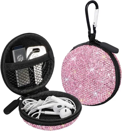 SAVORI Estuche para auriculares pequeños con diamantes de imitación de cristal portátil, organizador de auriculares, bolsa de almacenamiento con Rosa