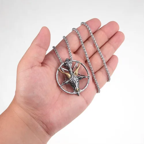 Miniatura 5 de Collar del templo satánico con cabeza de cabra, pentagrama invertido, pentáculo de acero inoxidable, collar de baphomet con dije, cadena de regalos