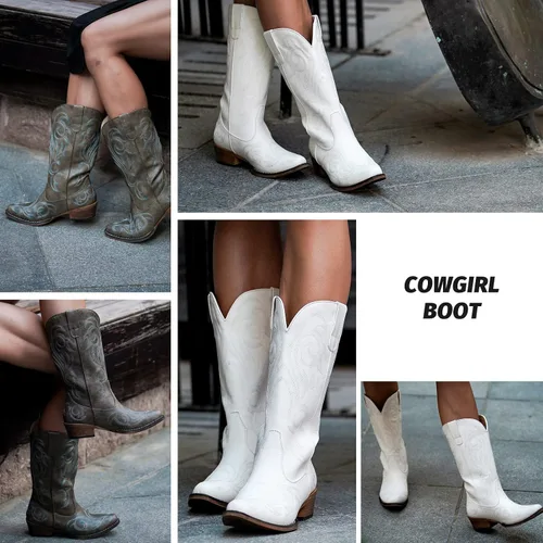 Miniatura 4 de IUV Botas vaqueras para mujer, botas vaqueras de media pantorrilla, botas vaqueras con punta puntiaguda