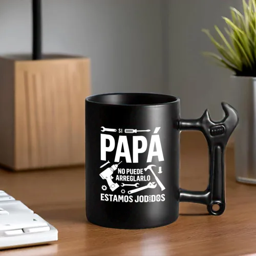 Miniatura 5 de LOZACHE Taza genial para papá - Si papá no puede arreglarlo... - Regalo original del día del padre - 350 ml - Taza negra con asa en forma de llave