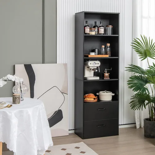 Miniatura 4 de LOKO Estantería de 74 pulgadas de alto, gabinete de almacenamiento alto moderno de 6 niveles con 2 cajones y 4 estantes abiertos, estantería de Negro