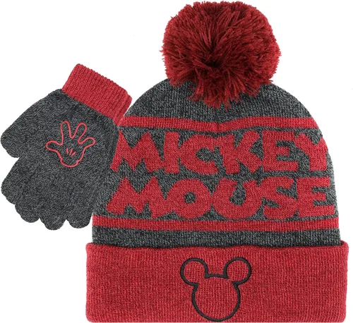 Mickey Mouse - Juego de 2 piezas de sombrero y guantes de nieve para niños y niños, gorro cálido con pompones y bonitos guantes rojos