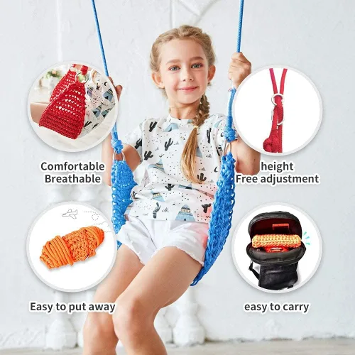 Miniatura 4 de Columpio para niños tejido a mano, asiento portátil para columpio de árbol para interiores y exteriores, cuerdas ajustables, con correa para colgar