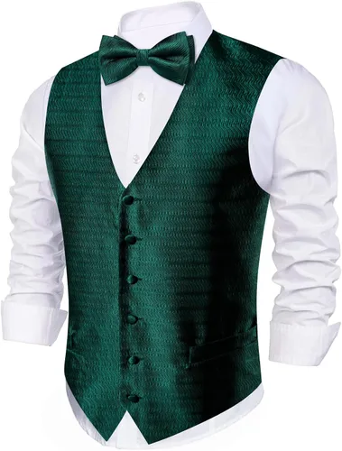 Miniatura 20 de Barry.Wang Conjunto de chaleco de pajarita para hombre, chaleco con cuello en V de seda jacquard de cachemira, gemelos de pañuelo formal/ocio, boda
