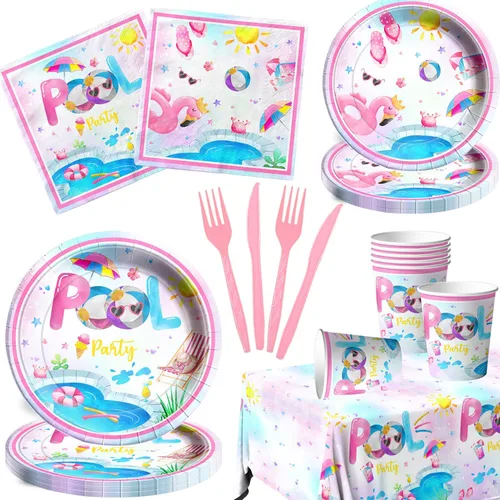 Suministros para fiesta de piscina, 141 piezas de vajilla de cumpleaños de piscina rosa, platos para fiesta de piscina, vasos, servilletas de