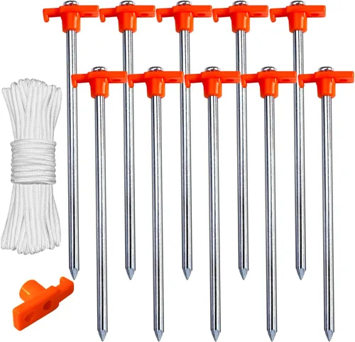 ABCCANOPY Estacas de tienda de campaña de 11 pulgadas, 10 anclajes de metal antioxidantes, picos resistentes con 4 cuerdas para acampar al aire