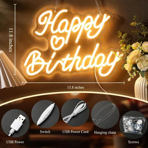Miniatura 2 de Retisee Letrero de neón de feliz cumpleaños, luz LED blanca cálida, luz USB, fondo iluminado ajustable, brillo ajustable, decoración de pared