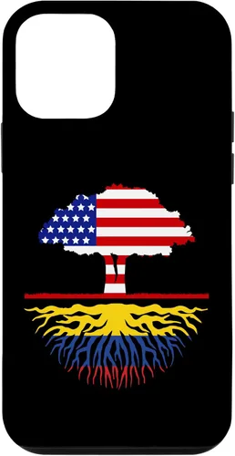 Funda para iPhone 12 mini con diseño de raíces colombianas cultivadas en Estados Unidos y Colombia, con bandera de Estados Unidos