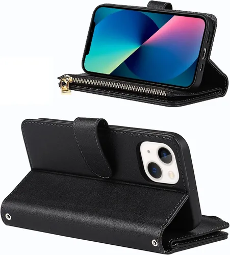 Miniatura 3 de Funda Cartera para iPhone 13/14 con Tarjetero, Funda Cruzada con Correa para el Hombro, Bolsillo con Cremallera Cartera de Cuero PU para iPhone 13