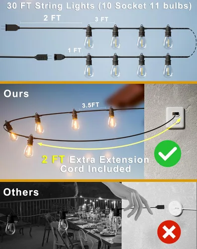 Miniatura 2 de Guirnalda de luces LED para exteriores de 30 pies con 10+1 bombillas Edison inastillables IP65, impermeables, regulables de 2700 K, luces de patio