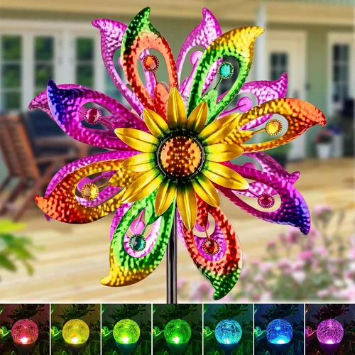 Molinillo de viento solar de 360° con luces, girasol, jardín, decoración al aire libre, patio, césped, decoración artística para patio, molinos de