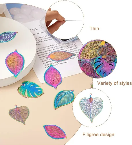 Miniatura 39 de FASHEWELRY 16 dijes de plumas de arco iris de acero inoxidable con alas de filigrana, adornos de metal de 4 colores para hacer joyas, pulseras