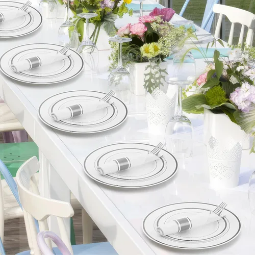 Miniatura 7 de Juego de cubiertos de plástico plateado preenrollado, paquete de 300 cubiertos de plástico envueltos con servilletas, tenedores, cuchillos