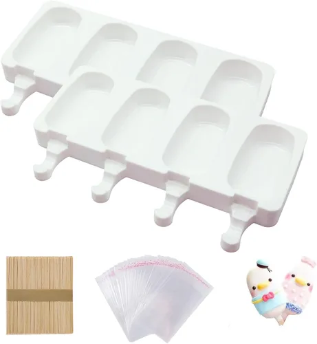 Miniatura 9 de Juego de 2 moldes de silicona para helado con 50 palitos de madera y 50 bolsas para paletas de bricolaje (azul + rojo)