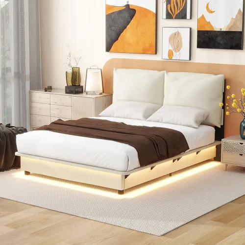 Miniatura 25 de Cama de plataforma flotante, marco de cama de madera tamaño individual con rayas claras, tela de lino suave y cabecera de diseño capitoné