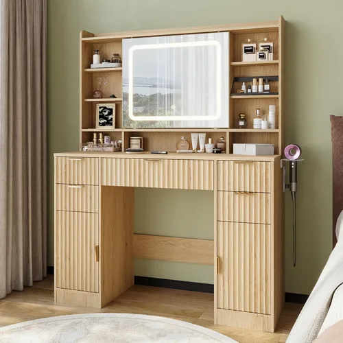 Miniatura 8 de Escritorio de tocador acanalado de 43.3 pulgadas con espejo y luces, escritorio de maquillaje de madera con estación de carga y espejo móvil, Roble