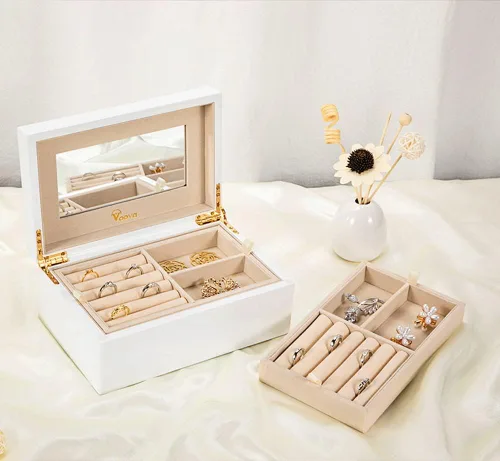 Miniatura 8 de Voova Joyero organizador de madera para mujeres y adolescentes y niñas, estuche de joyería de madera de pintura de piano de lujo con espejo, cajas