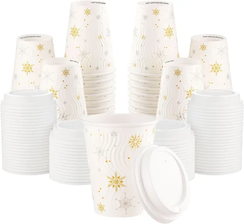 Miniatura 11 de Harvest Pack - Juego de 100 tazas de café desechables de Navidad de 12 onzas con tapas, tazas de papel caliente aisladas con copos de nieve blancos