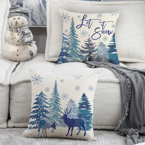 Miniatura 4 de Juego de 4 fundas de almohada decorativas de color azul pino de invierno de 18 x 18 pulgadas, Let It Snow en acuarela, bosque, oso, reno, copo