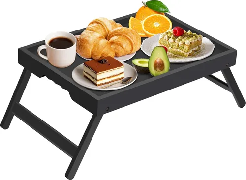 Miniatura 11 de Artmeer Bandeja de cama con patas plegables, desayuno de bambú en la cama para mesa de TV, bandeja de computadora portátil, comer, bandeja