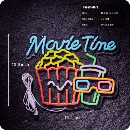 Miniatura 3 de Movie Time - Letrero de neón para sala de cine de palomitas de maíz, luz LED, alimentada por USB, para decoración de pared, sala de cine, fiesta