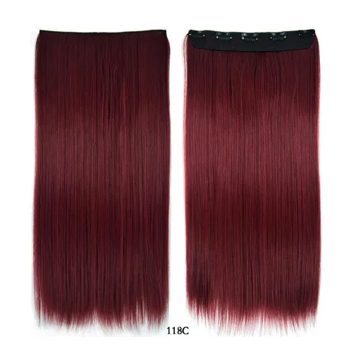 Miniatura 5 de Extensiones de cabello sintético con clip, de 24 pulgadas, 4.23 oz, extensiones de cabello natural lacio, color rosa y rojo, 5 extensiones de #118C