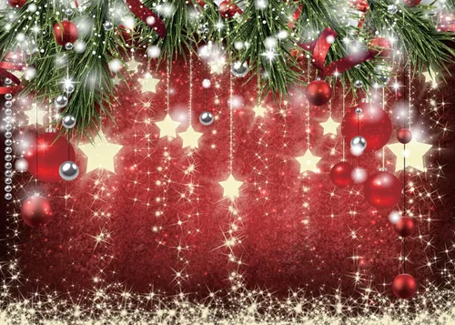 Telones de fondo de Navidad con temática de bola roja, fondo de estrellas brillantes, telón de fondo de año nuevo para decoración de fiesta de