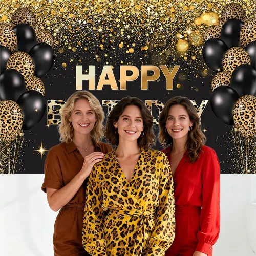 Miniatura 4 de Telón de fondo de feliz cumpleaños de 7 x 5 pies, lentejuelas doradas, globos de leopardo negro con purpurina, fondo para fotos, decoración