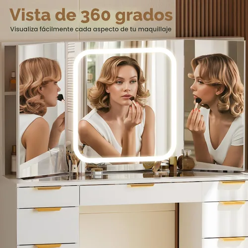 Miniatura 5 de Pamapic - Escritorio de maquillaje con 11 cajones y espejo plegable, tocador de maquillaje con superficie de vidrio y luces LED, 3 modos