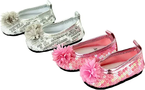 Miniatura 3 de American Fashion World Zapatos planos con lazo de diamante metálico rosa intenso, lavanda y verde azulado para muñecas de 14 pulgadas, paquete de 3