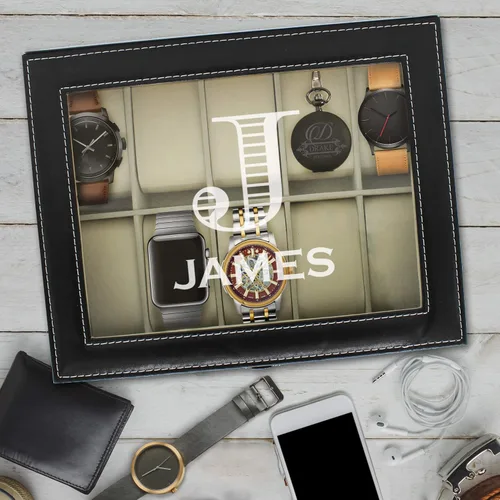 Miniatura 2 de My Personal Memories Caja de almacenamiento de reloj personalizada personalizada vitrina de cristal para hombres, él, esposo, grabado y monograma