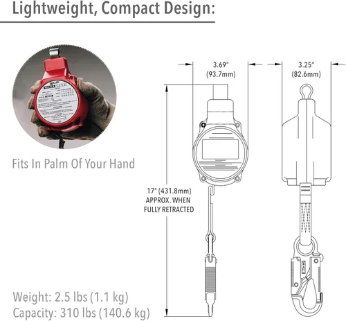 Miniatura 6 de Miller by Honeywell MiniLite - Limitador de caída personal de 11 pies con mosquetón de acero y gancho a presión, capacidad de 310 libras