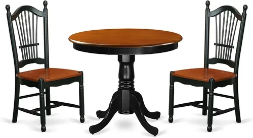 East West Furniture ANDO3-BCH-W Juego de mesa de comedor de 3 piezas contiene una mesa redonda de madera con pedestal y 2 sillas de comedor de