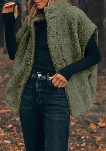 Miniatura 28 de Hongqizo - Chaleco de forro polar mullido para mujer, casual, de gran tamaño, cálido, con botones, chaqueta de sherpa con bolsillos