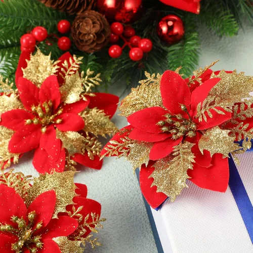 Miniatura 7 de Lyrow 60 flores de Pascua con purpurina de 6 pulgadas con clips y tallos, adornos para árbol de Navidad, flores de pascua artificiales para Navidad
