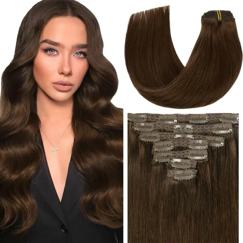 Miniatura 28 de Loxxy Extensiones de cabello humano con clip, sin costuras, 22 pulgadas, color marrón oscuro a castaño oscuro y marrón oscuro, 7 piezas