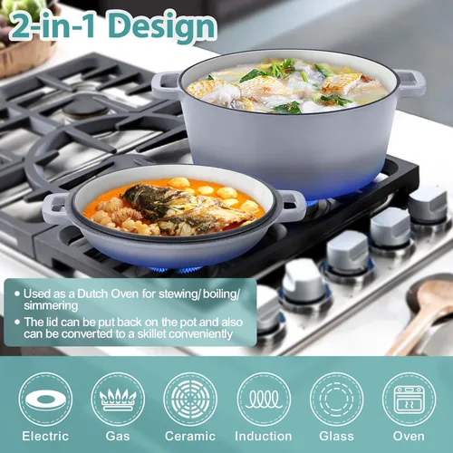 Miniatura 5 de TeamFar Horno holandés de hierro fundido esmaltado de 5 cuartos de galón, olla holandesa 2 en 1 con tapa de sartén para hornear pan, estofado, Gris