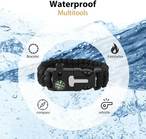 Miniatura 5 de Pulseras Oadnfa, pulseras de supervivencia para hombres, kit de equipo táctico de paracord de 5 en 1 para acampar, con cuerda de paracaídas Negro