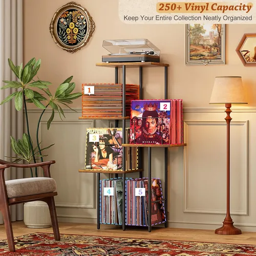 Miniatura 3 de Soporte para Tocadiscos, Soporte de Almacenamiento de Discos de Vinilo con Estante de Exhibición, Mesa de Soporte para Tocadiscos con Divisores