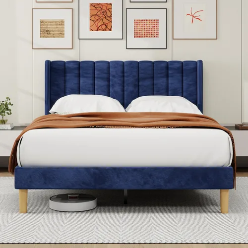 Miniatura 7 de alazyhome - Marco de cama tapizado de plataforma tamaño Queen con cabecera, soporte de listones de madera, sin ruido, fácil montaje, terciopelo beige