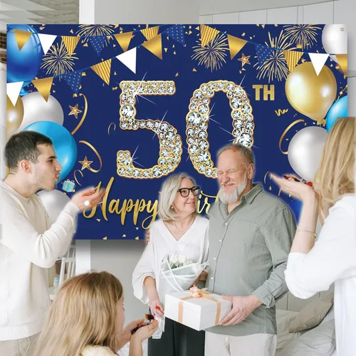 Miniatura 3 de Telón de fondo de decoración de cumpleaños 50 para hombres, decoraciones de feliz cumpleaños 50 para hombres, fondo azul para fotografía