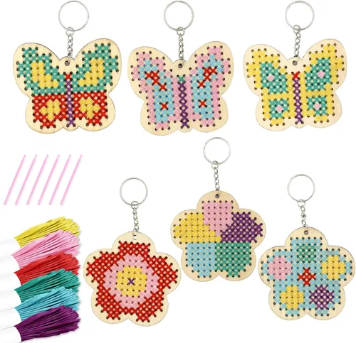 VKPI Kits de punto de cruz de madera para niños, haz tus propios 6 llaveros de punto de cruz, kit de costura de madera, mariposas y manualidades,